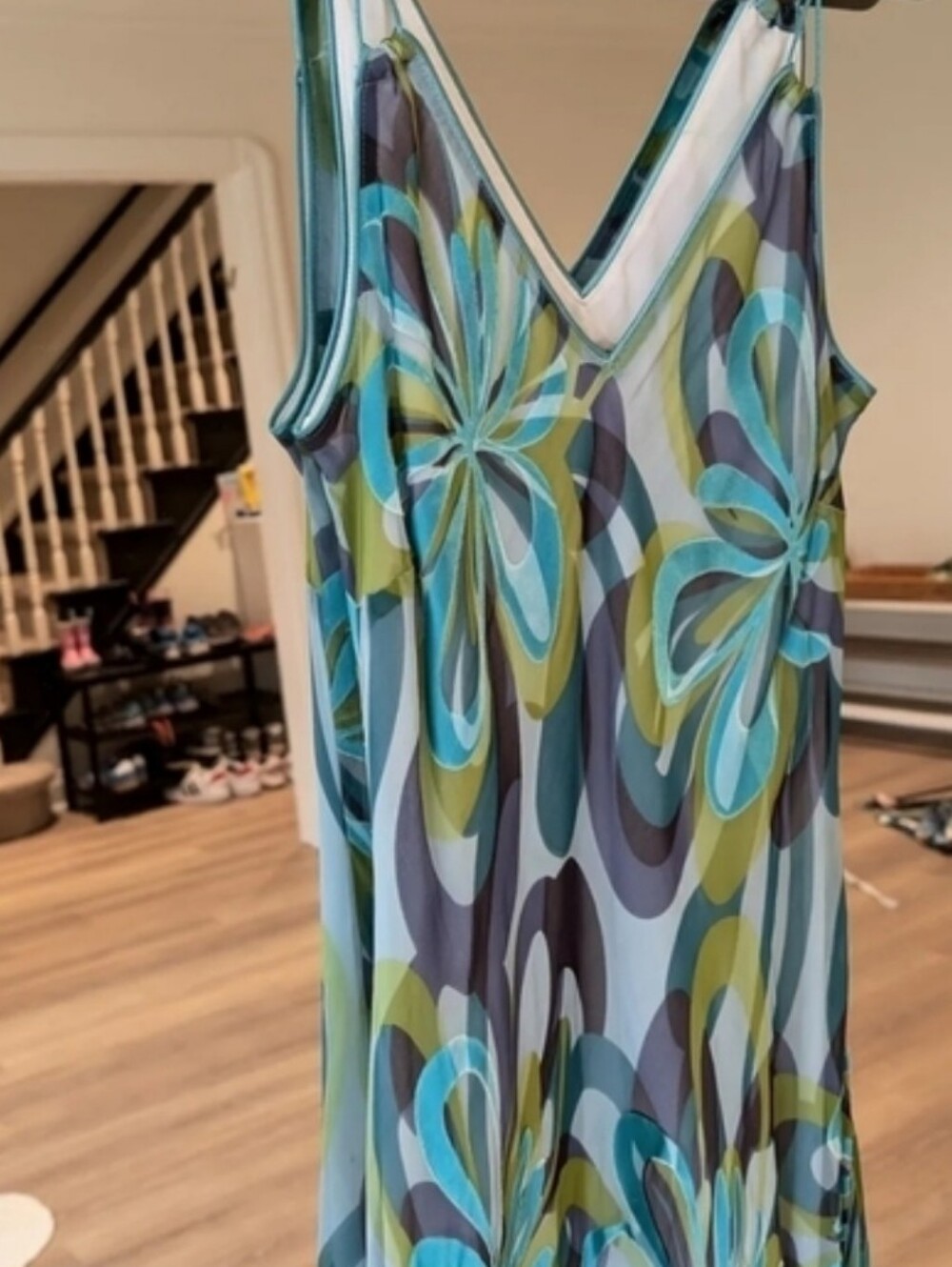 Planet V-Neck Floral Maxi Dress Blue Green Silk - Picture 3 of 7